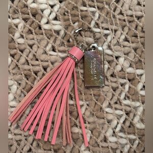 Coach Silver Hangtag with Pink Leather Tassel with Silver Heart Charm
